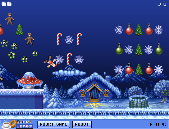 Ruberth's Kick n' Fly (Browser) screenshot: When hitting the cloud or mushroom, the elf will bounce off it!