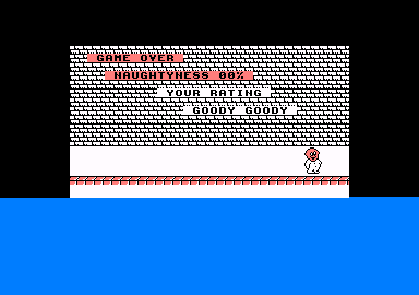 Jack the Nipper (Amstrad CPC) screenshot: Game over. My rating: Goody goody.