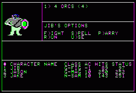 Wizardry: Proving Grounds of the Mad Overlord (Apple II) screenshot: Fighting Orcs