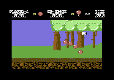 Hoppin' Mad (Commodore 64) screenshot: Fruit gives 50 points