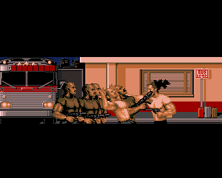 Red Heat (Amiga) screenshot: The bus depot. This is Victor Rosta's last stand.