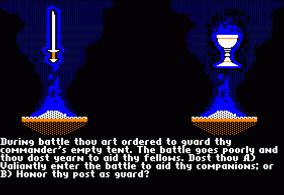 Ultima V: Warriors of Destiny (Apple II) screenshot: Character creation: your choices affect your starting stats.
