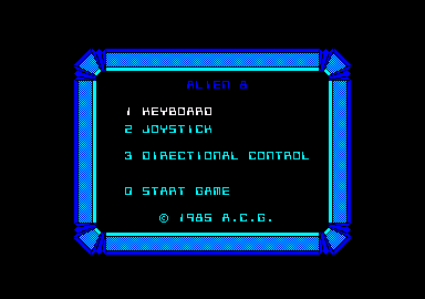 Alien 8 (Amstrad CPC) screenshot: Title screen and main menu