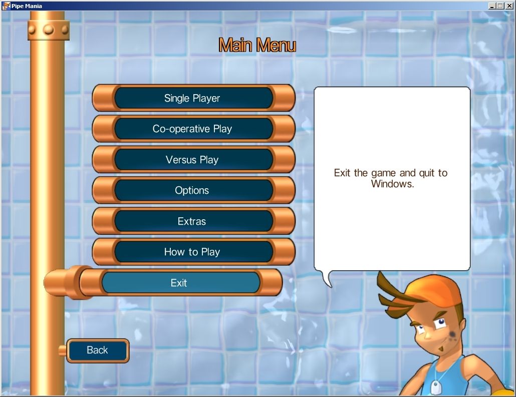 Pipe Mania (Windows) screenshot: The main menu<br>As the cursor rolls over the options the text changes