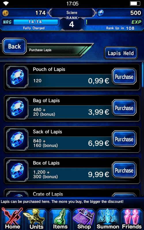 Final Fantasy: Brave Exvius (Android) screenshot: in-app purchases for Lapis