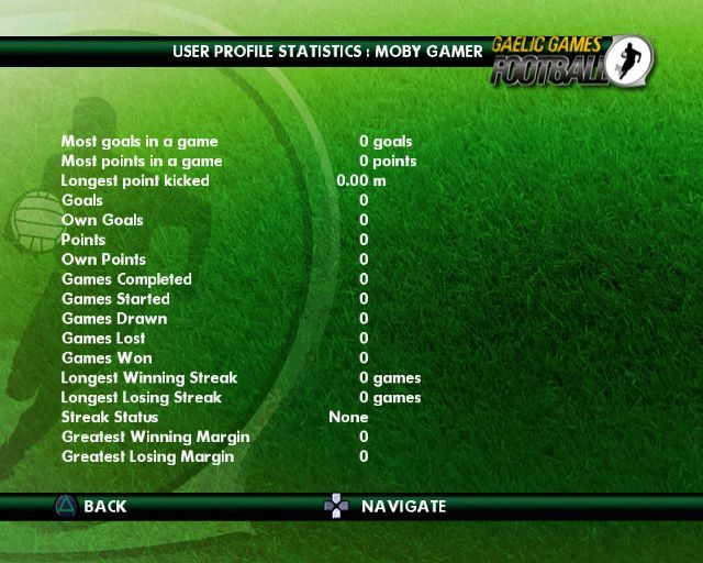 Gaelic Games: Football (PlayStation 2) screenshot: The player statistics screen<br>This player has just been created so there's nothing there yet