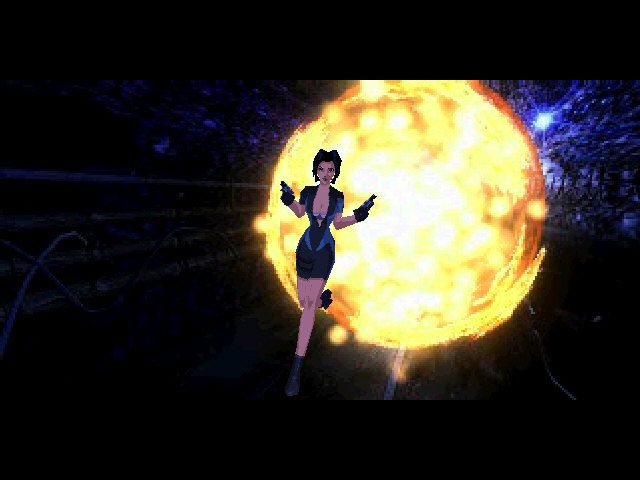 Fear Effect 2: Retro Helix (PlayStation) screenshot: Running from an explosion in classic Fear Effect fashion.