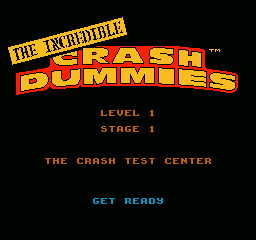 The Incredible Crash Dummies (NES) screenshot: Level 1, Stage 1 about to start