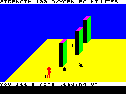 Devils of the Deep (ZX Spectrum) screenshot: Here I am on the sea bed. The green walls are not walls at all, that is seaweed. The rope is the way back to the surface, it's only on this screen so I must remember what route I take