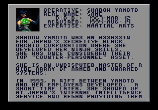 X-Perts (Genesis) screenshot: Background information about the agents