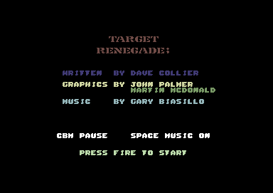 Target: Renegade (Commodore 64) screenshot: Main menu and credits