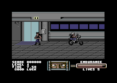 Target: Renegade (Commodore 64) screenshot: Starting location with motorcyclist.