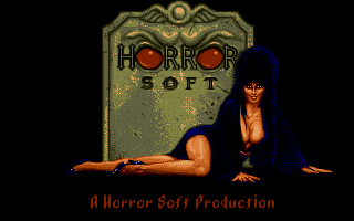 Elvira II: The Jaws of Cerberus (DOS) screenshot: Horrorsoft's logo, also, never looked, uh, cheesecakier.