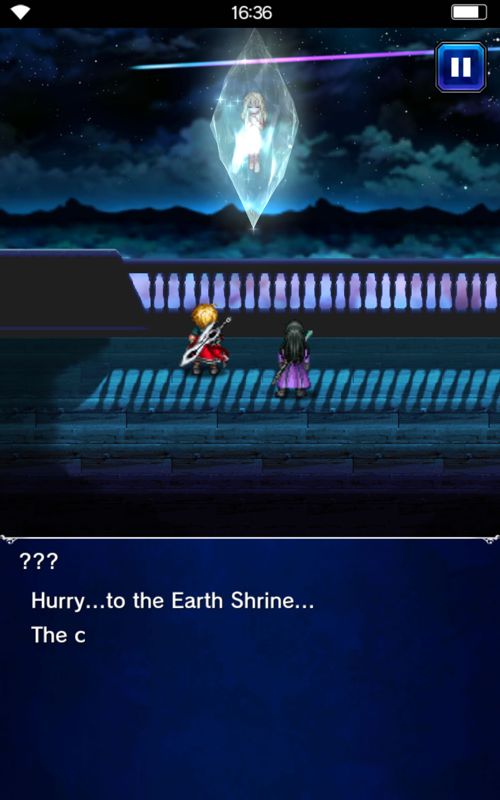 Final Fantasy: Brave Exvius (Android) screenshot: The knights encounter the girl in the crystal.