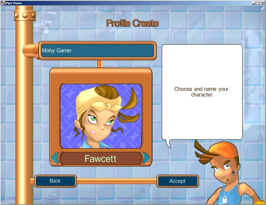Pipe Mania (Windows) screenshot: The first time the game is played the player must create a new profile, they can play as either character