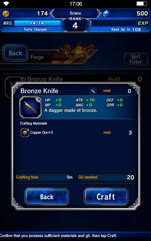 Final Fantasy: Brave Exvius (Android) screenshot: Details about a weapon you can craft.
