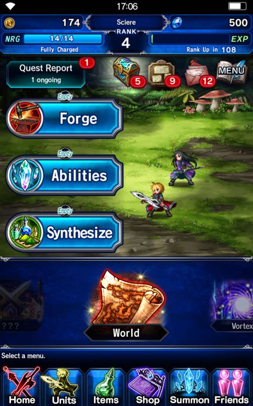 Final Fantasy: Brave Exvius (Android) screenshot: Main menu with most of the options