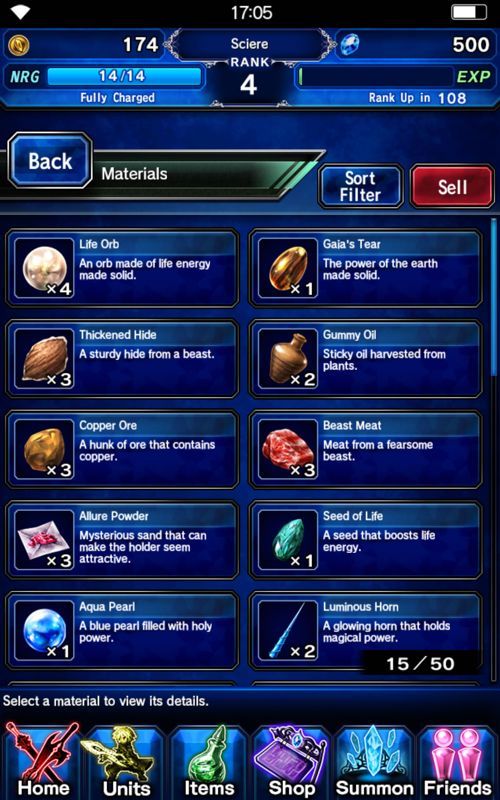 Final Fantasy: Brave Exvius (Android) screenshot: Materials you can sell.
