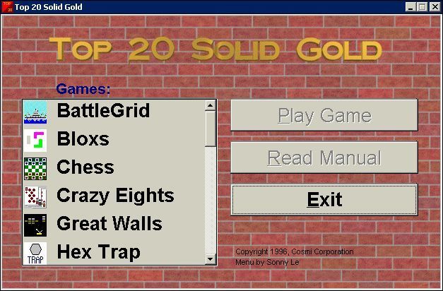 Top 20 Solid Gold (Windows 16-bit) screenshot: The game's menu