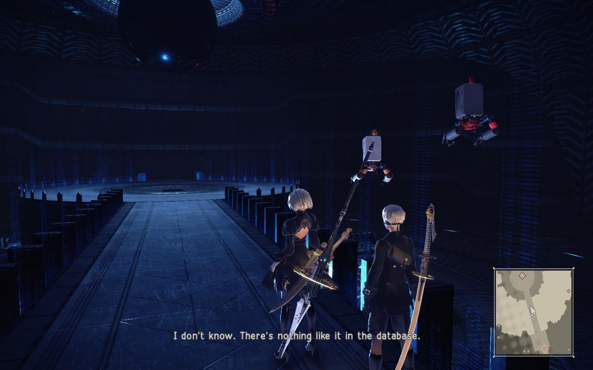 NieR: Automata (Windows) screenshot: Exploring an abandoned alien mothership.