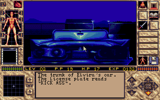 Elvira II: The Jaws of Cerberus (DOS) screenshot: Elvira has so much attitude, even her car is sassy and disrespectful!