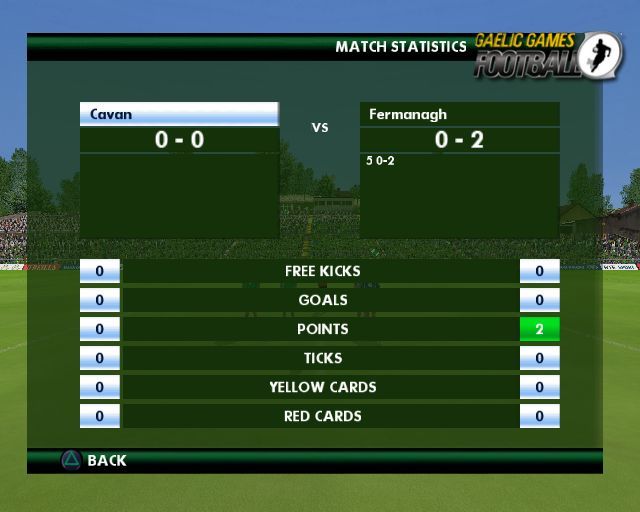 Gaelic Games: Football (PlayStation 2) screenshot: Training: The half time statistics screen used here is also used in the full game