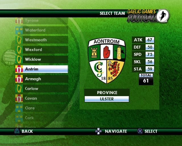 Gaelic Games: Football (PlayStation 2) screenshot: Playing a full season: This is the club selection screen