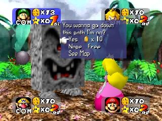 Mario Party (Nintendo 64) screenshot: Giving 10 coins to clear the path.
