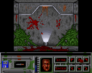 BloodFest (Amiga) screenshot: Trying to find somewhere to hide