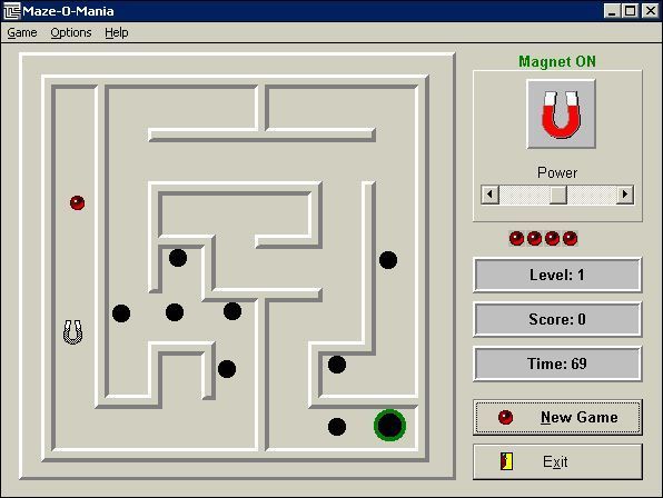 Top 20 Solid Gold (Windows 16-bit) screenshot: Maze-O-Mania: The player tries to navigate a path through the maze using a magnet to move the ball