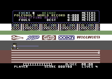 Daley Thompson's Decathlon (Commodore 64) screenshot: Starting the pole vault