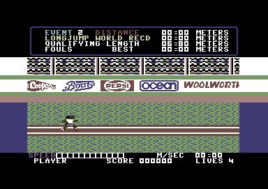 Daley Thompson's Decathlon (Commodore 64) screenshot: Starting the long jump