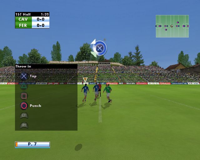 Gaelic Games: Football (PlayStation 2) screenshot: Training: The start of a game, the ball is thrown into the air and the players compete for it. The shaded box showing the current action keys is only present in this training mode
