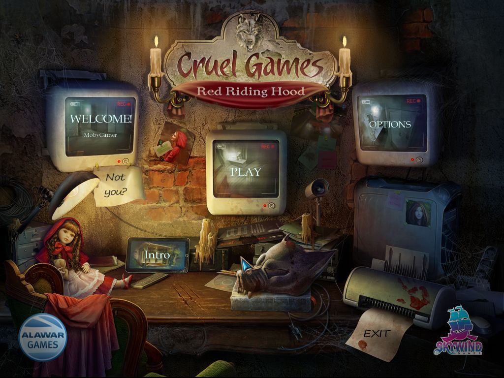Cruel Games: Red Riding Hood (Windows) screenshot: The game's main menu, shown here after the player had 'logged in'<br>The options adjust the music & sound effetcs volumes and toggle both fullscreen/ windowed modes and custom cursors