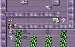 S.C.Out (DOS) screenshot: Just explored a labyrinth full of green bushes.