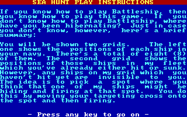 Sea Hunt (DOS) screenshot: Instructions
