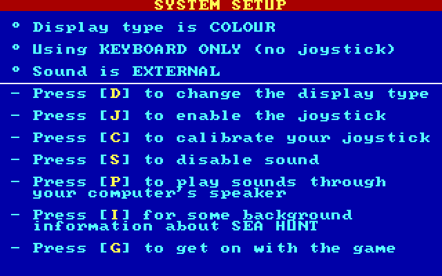 Sea Hunt (DOS) screenshot: Configuration Screen