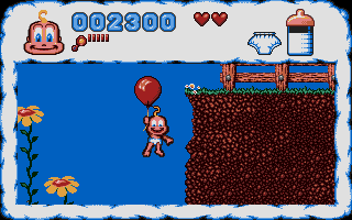 Baby Jo in: "Going Home" (DOS) screenshot: Grab that balloon to reach that higher platform.
