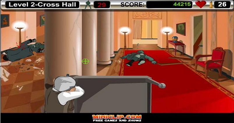 Bush Shoot-Out (Browser) screenshot: Just accidentally shot a Secret Service agent to the left. Oops!