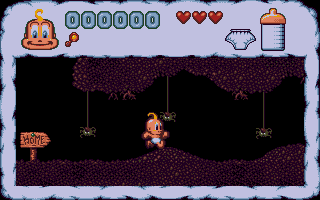 Baby Jo in: "Going Home" (DOS) screenshot: About to get an eyeful of spider down "In The Caves".