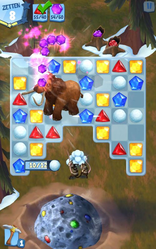 Ice Age: Arctic Blast (Android) screenshot: Manny appears to remove all gems of a certain type (Dutch version).