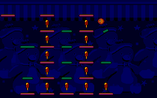 Bumpy's Arcade Fantasy (DOS) screenshot: These green platforms shrink with every bounce.