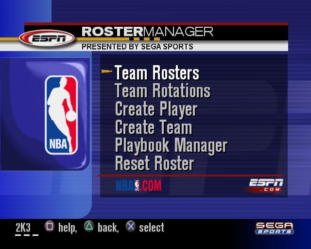 NBA 2K3 (PlayStation 2) screenshot: The Roster manager is where players and teams are created and strategies are set
