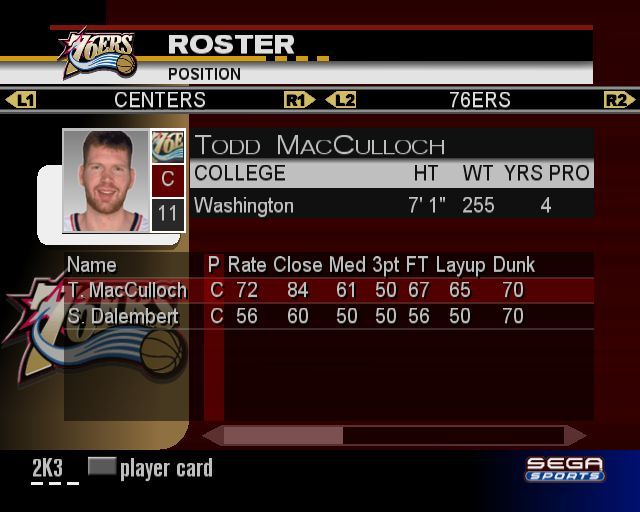 NBA 2K3 (PlayStation 2) screenshot: Roster Manager: There are statistics for every player and a small picture too
