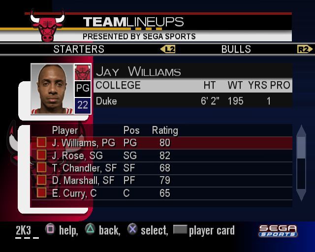 NBA 2K3 (PlayStation 2) screenshot: Roster manager: Team Rotations<br> This is where players are selected for a team