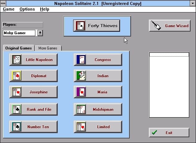 Napoleon Solitaire (Windows 3.x) screenshot: The first set of games