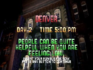 Rampage 2: Universal Tour (Nintendo 64) screenshot: Day 2: Denver. Each city entry gives you a hint.