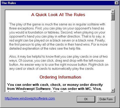 Two Handed Solitaire (Windows) screenshot: The game rules open in a separate window