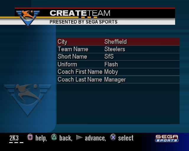 NBA 2K3 (PlayStation 2) screenshot: Roster Manager: Create Team<br>This is the first setup screen, the next screens select players from the player pool