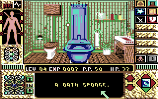 Elvira II: The Jaws of Cerberus (Commodore 64) screenshot: A bathroom. With a sponge. The sponge is important. Really.